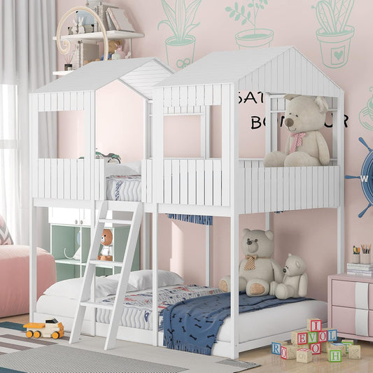 Ball & Cast Full Over Full Size Playhouse Bunk Bed with Roof and Window,Wood Bunkbed w/Full-Length Guard Rail & Ladder,Slat Support,Space Saving,Bedroom Furniture for Student Dorms,White