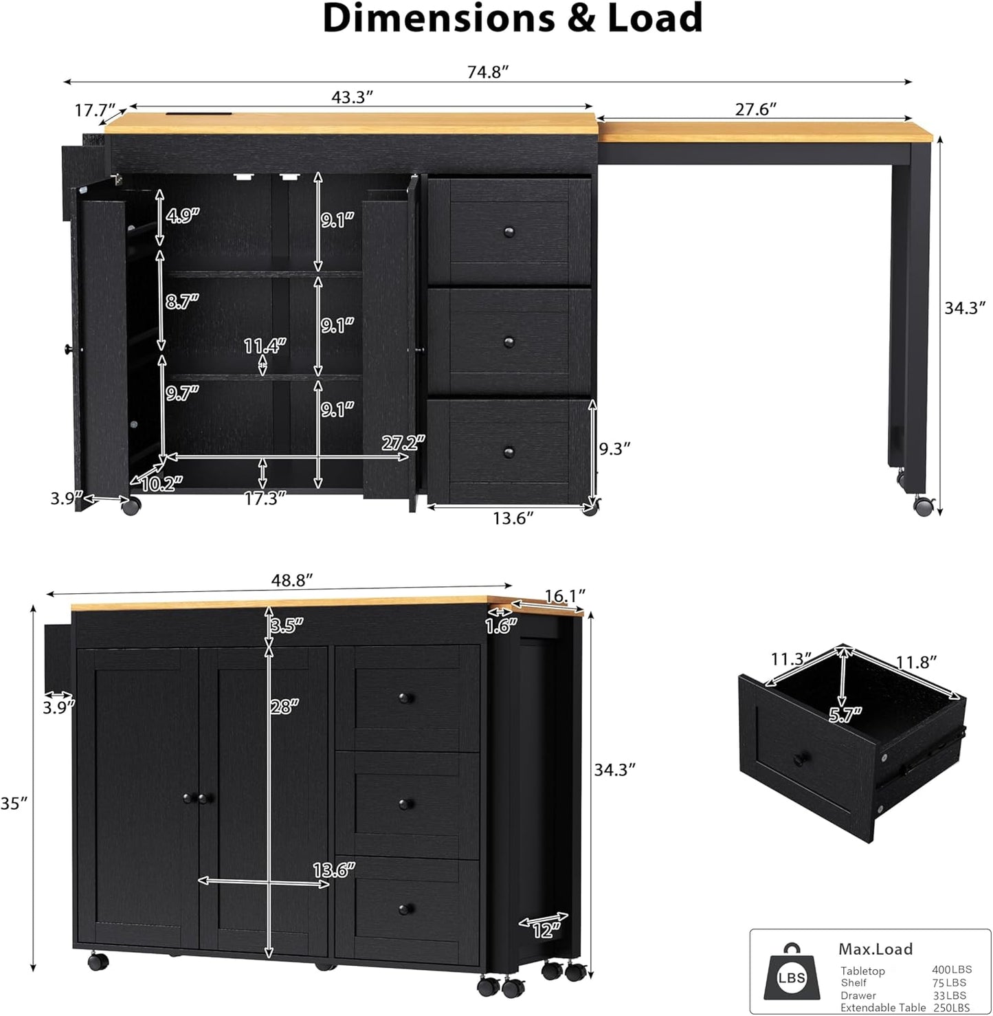 Ball & Cast 74.8" Kitchen Island with Extendable Dining Table,Kitchen Storage Cart W/Power Outlet and 3 Drawers,Rolling Kitchen Island on Wheels W/Spice Rack & 2 Door Cabinet,for Kitchen,Black