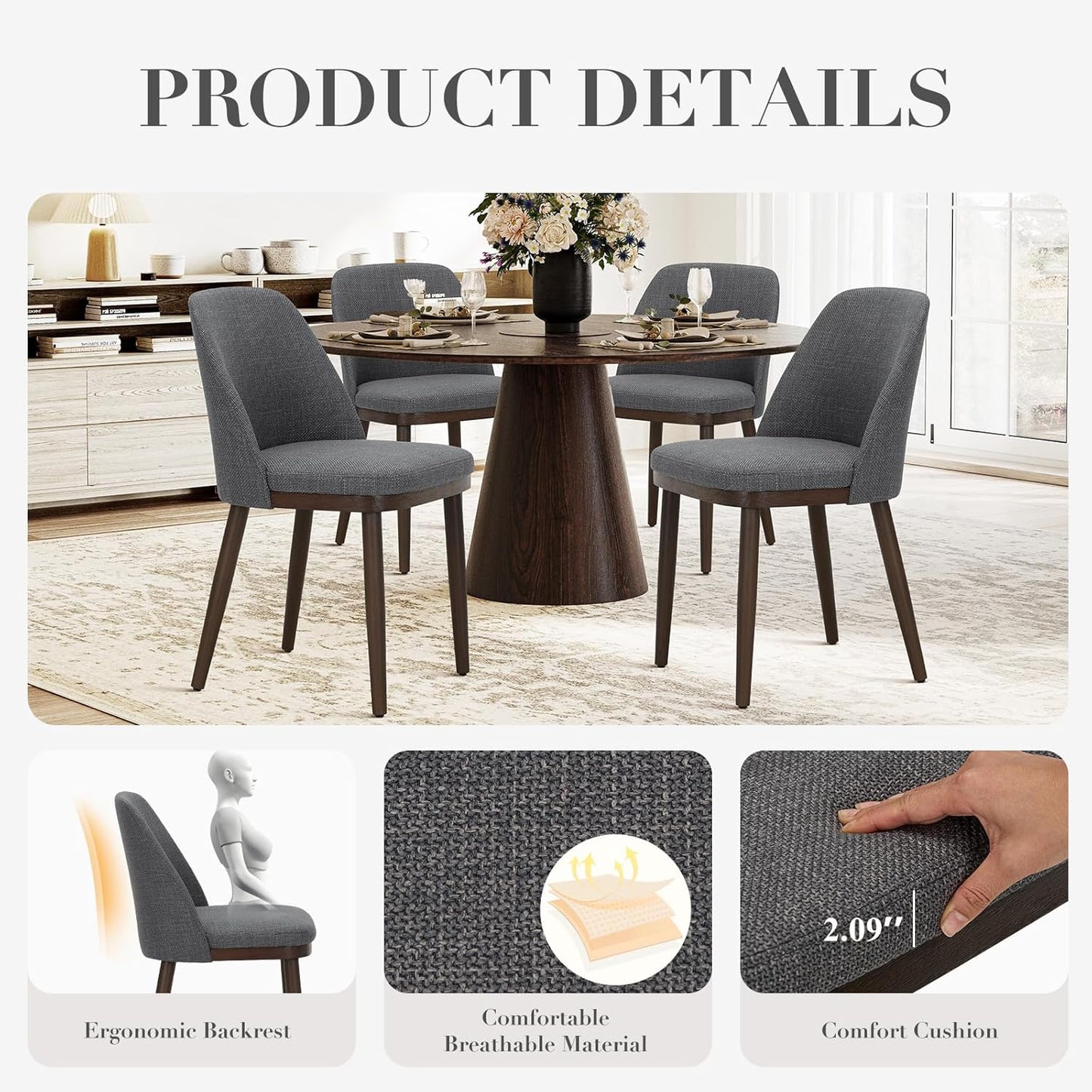 COLAMY Upholstered Dining Chairs Set of 2, Modern Kitchen Chairs with Back, Fabric Side Chair with Wood Legs for Dining Room Restaurant, Light Grey