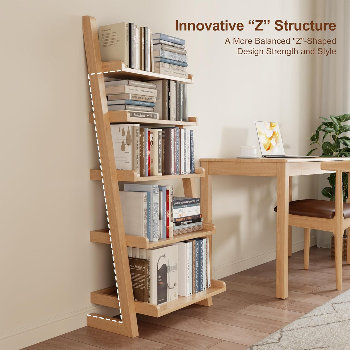 Wooden Ladder Shelf with Edges, 5-Tier Modern Leaning Bookshelf Ladder – Stylish Space-Saving Bookcase for Living Room, Bedroom & Home Office