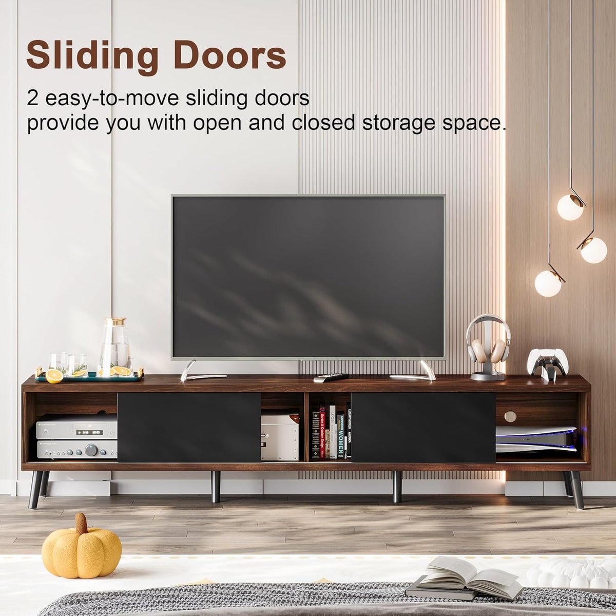 Clikuutory Mid Century Modern 70 Inch TV Stand with Two Large Storage Space for 50 55 60 65 70 75 80 Inch TVs, TV Console with Two Sliding Door, Entertainment Center for Bedroom, Walnut
