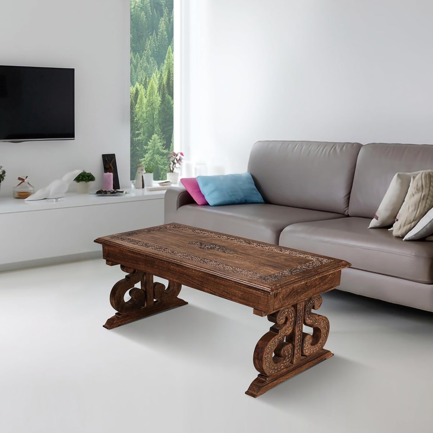 Lightnpro Handcrafted Mango Wood Rectangular Coffee Table - Vintage Rustic Living Room Center Table with Intricate Carving, Modern Farmhouse Style, Eco-Friendly Furniture - 40x18 Inch Burnt Finish