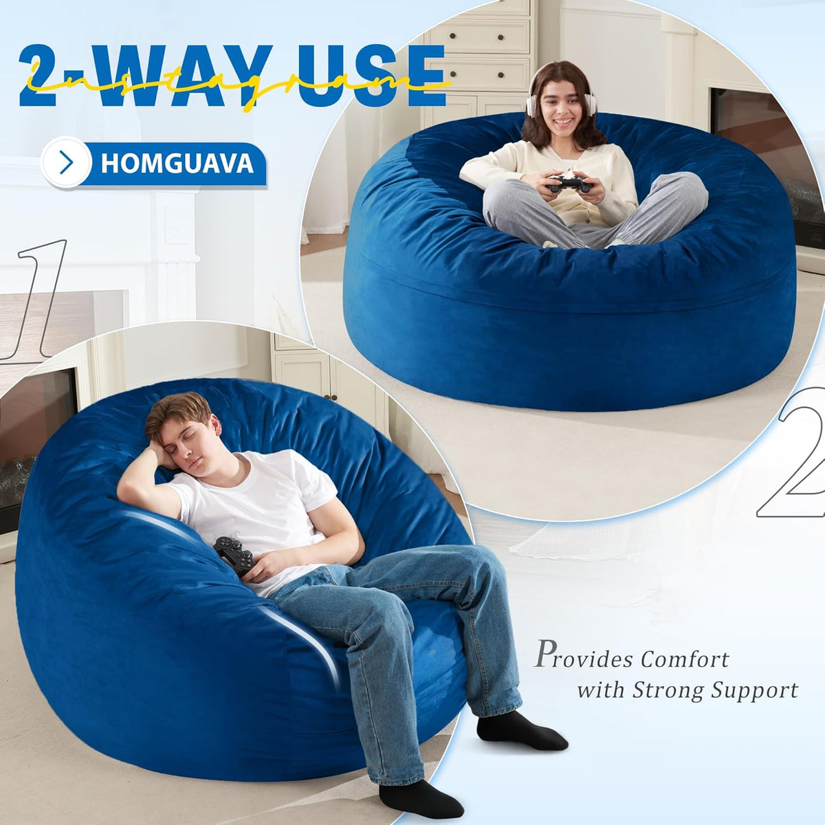 Homguava 5FT Bean Bag Chair Giant BeanBag with Memory Foam Filled, Comfy Bean Bag Chairs for Adults, Adult Bean Bag Chair with Dutch Velvet Cover for Living Room Bedroom-Blue