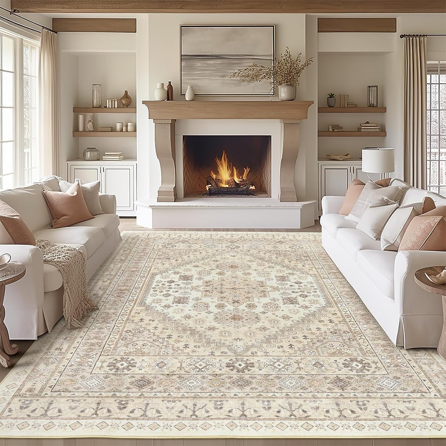 zesthome 9x12 Area Rugs,Stain Resistant Washable Rug,Ultra-Thin Rugs for Living Room,Bedroom,Non-Slip Backing Home Decor Large Area Rug (Cream/Beige,9'x12')