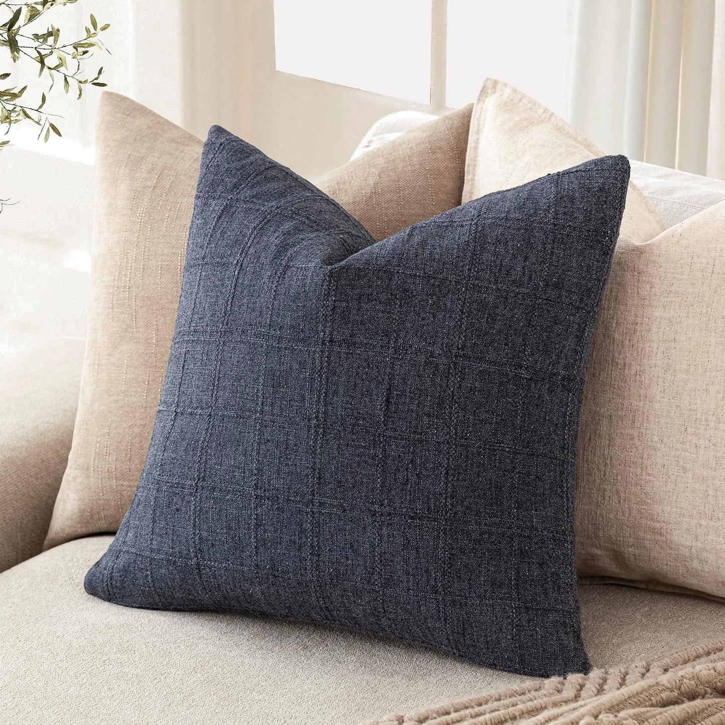 Foindtower Set of 2 Decorative Linen Check Throw Pillow Covers Neutral Farmhouse Vintage Cushion Covers Modern Boho Home Decor for Sofa Chair Couch Bedroom Living Room Outdoor,22×22 Inch,Navy Blue