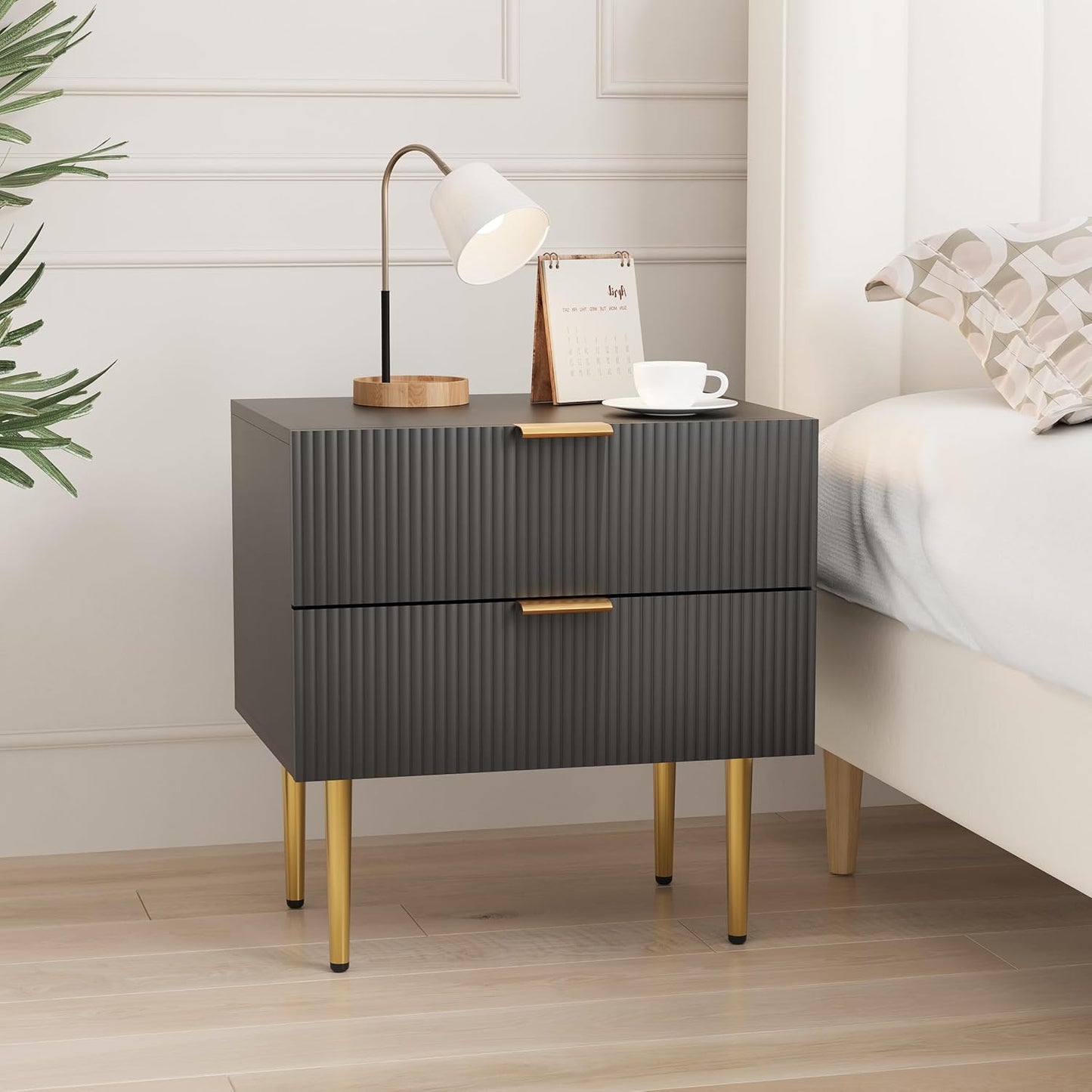 Set of 2 Nightstand, Black Mid Century Modern Night Stand with Fluted Panel, Bedside Table with 2 Drawer, Large NightStand with Gold Leg for Bedroom