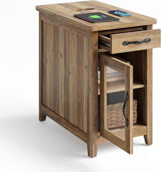 LINSY HOME Farmhouse End Table with Charging Station, Narrow Side Table for Living Room, Sofa Side Table with Drawer and Storage Cabinet, Small Nightstand for Home Office