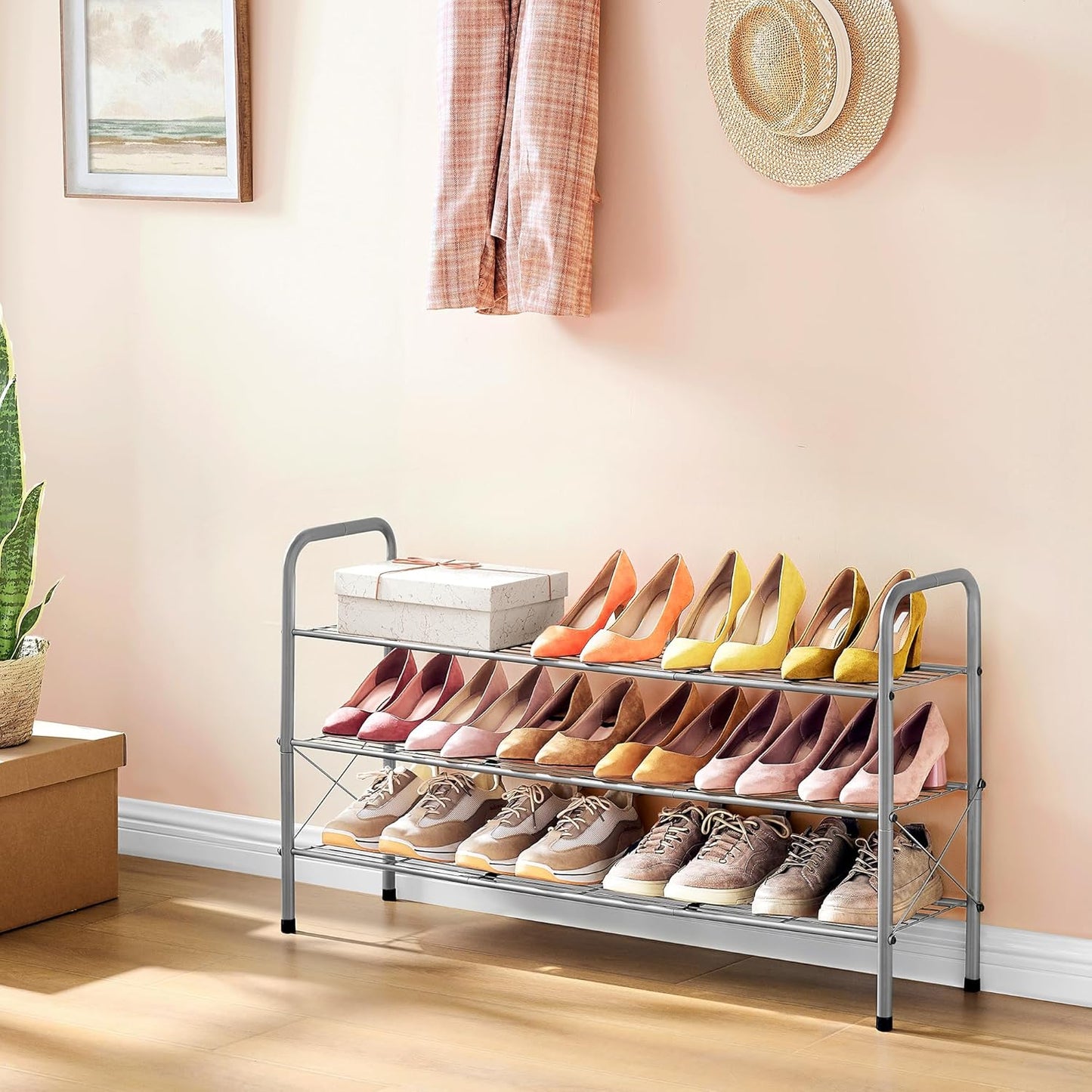 Hoctieon 3 Tier Mesh Style Shoe Rack, Entryway Shoe Shelf, Shoe Storage Organizer, Shoe Rack for Closet, Space Save for Bathroom, Garage, Hallway, Bedroom, Living Room, Grey