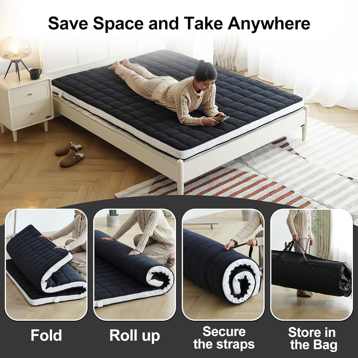 Tiita Japanese Floor Mattress, 4” Thicken Futon Mattress with Storage Bag and 2 Straps， Twin Size Sleeping Tatami Mat for Adults，Black