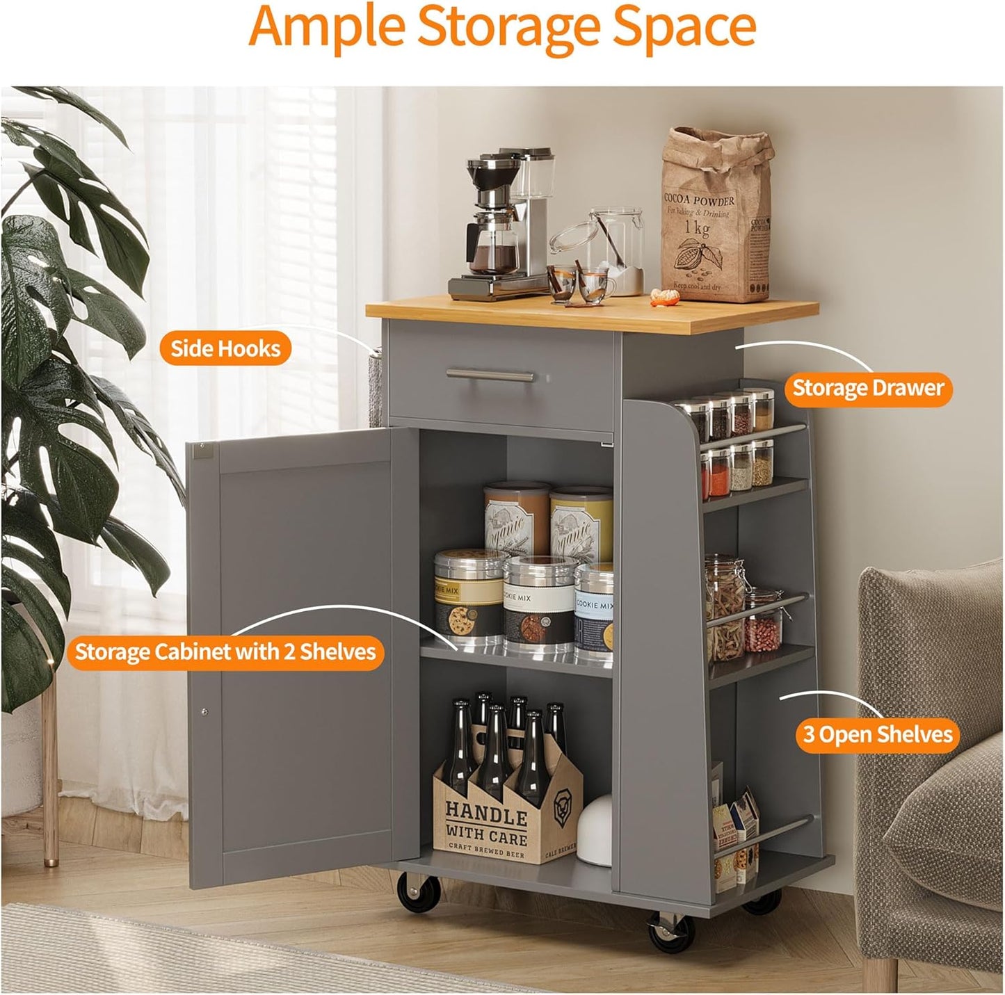 Shintenchi Small Kitchen Island on Wheels with 3-Tier Side Spice Rack and Rubber Wood Top, Trolley Cart with Storage Cabinet & Drawer and Handle/Towel Rack, Gray