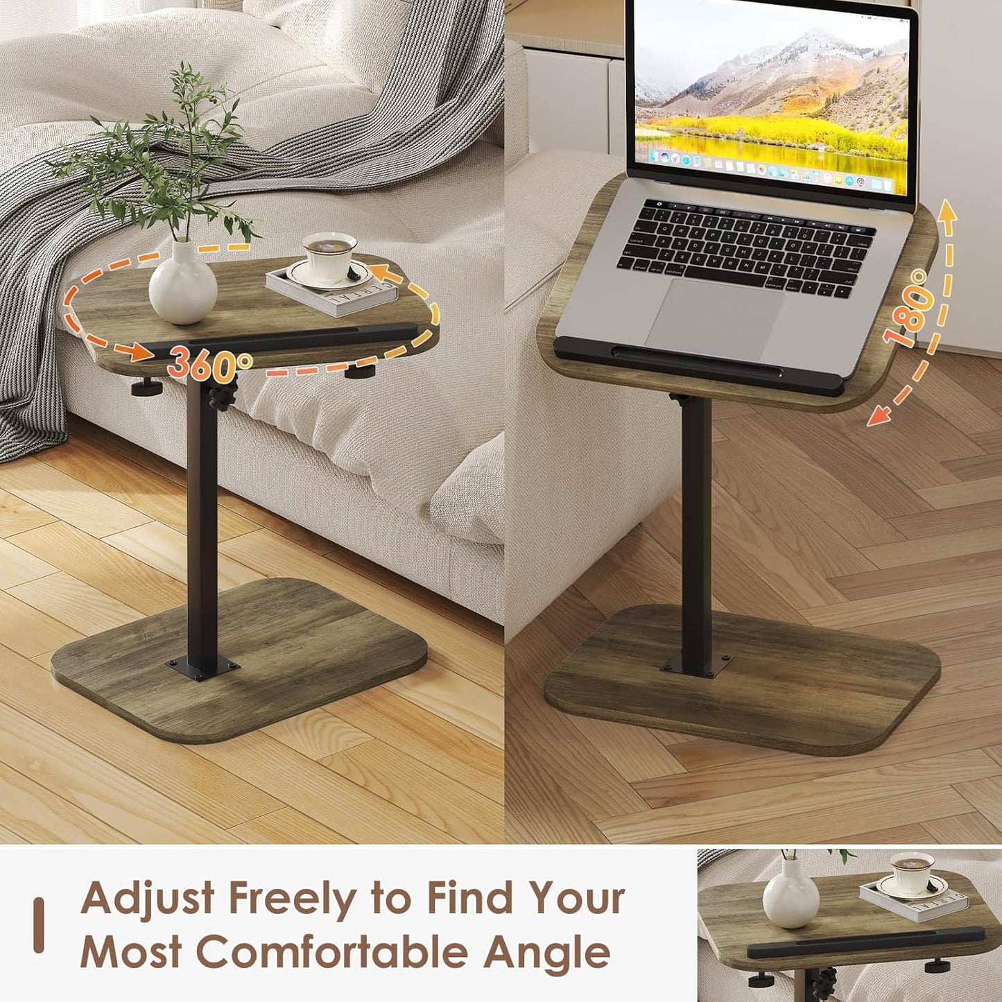 Sofa Couch Arm Table Tv Tray Small Bed Stand C Shaped Side End Tables for Living Room, Bedroom, Grey