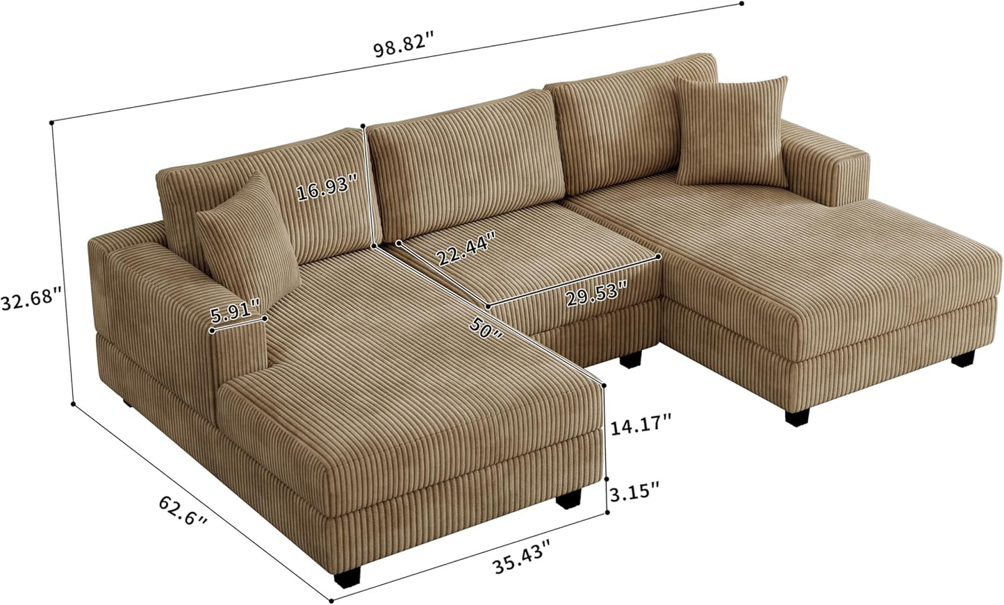 99" Symmetrical U Shaped Reversible Modular Sectional Sofa, Convertible Sofa Lounger Couch with Double Chaise Lounge and Thickness Cushions, Extra Wide Seat Couch w/Headrest