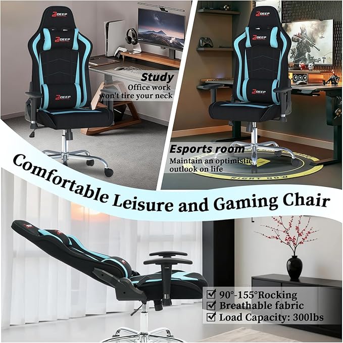 Ergonomic Fabric Gaming Chair with Footrest and Lumbar Support Racing Office Chair Adult-Specific Computer Gaming Chair Wrinkle-Resistant.(1005-LightBlue)