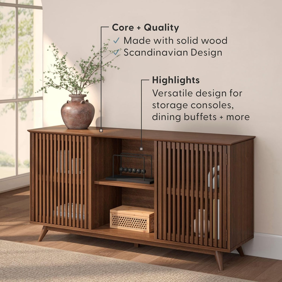 Plank+Beam Mid-Century Modern Wood TV Stand, Solid Wood Entertainment Console with Storage, 59" L x 16" W x 30" H, Walnut