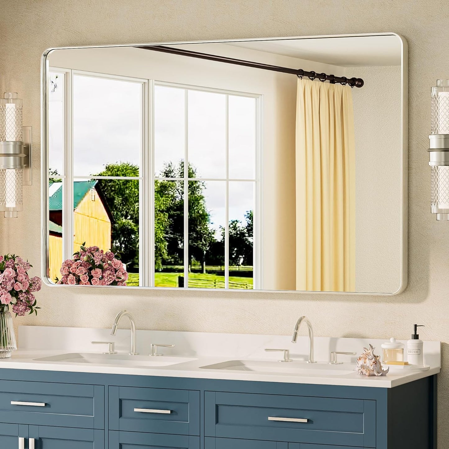 TETOTE Brushed Nickel Mirror 48 x 30 Brushed Nickel Metal Framed Bathroom Mirror, Tempered Glass, Modern Farmhouse Wall Mounted Mirror for Decorative(Horizontal/Vertical)