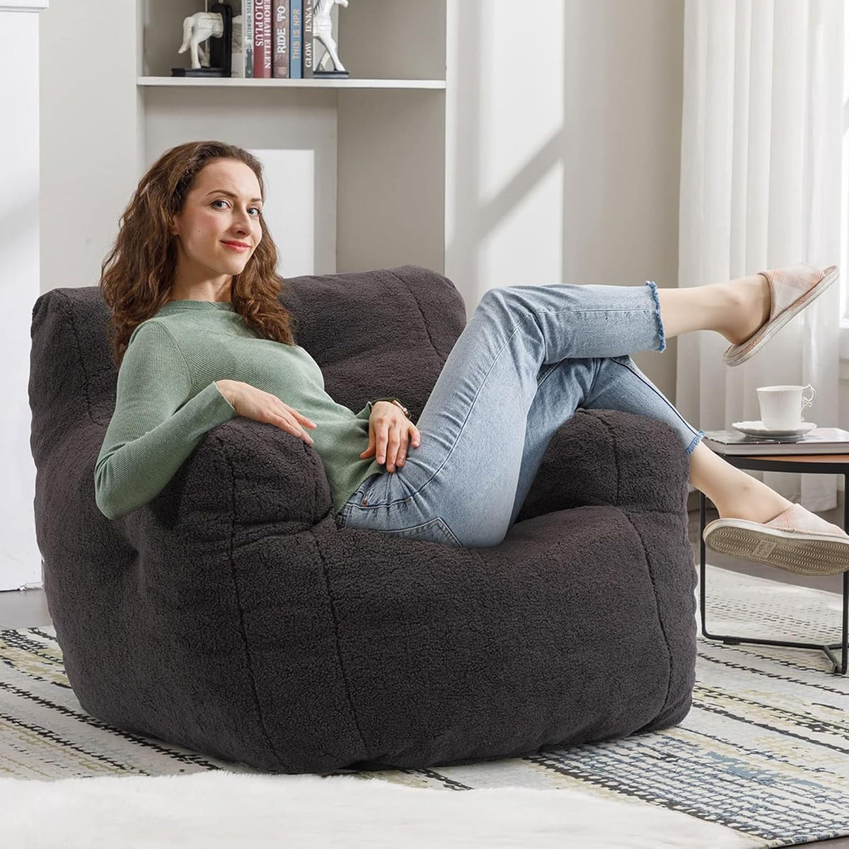 Recaceik Bean Bag Chairs, Tufted Soft Stuffed Bean Bag Chair with Filler, Fluffy Lazy Sofa, Imperial Lounger Giant Bean Bag Chair for Bedroom, Living Room, Dark Black