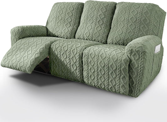 vctops 8 Pieces Geometric Jacquard Plush Recliner Sofa Covers Soft Fuzzy Fluffy 3 Seats Couch Cover Anti-Slip Sofa Slipcover Furniture Protector with Elastic Bottom for Kids Pet(Green,3 Seat)
