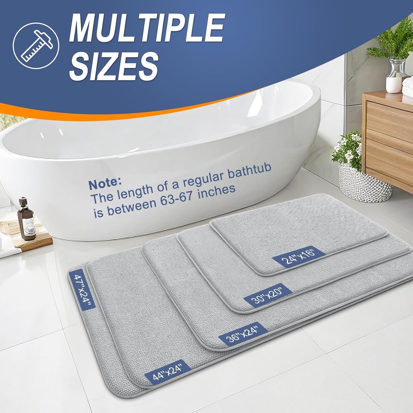 OLANLY Thick Memory Foam Bath Mat Rug 59x24, Extra Soft Absorbent Bathroom Rug, Quick Dry Bath Mats, Non-Slip, Machine Washable Carpet for Bathroom, Tub and Shower, Home Decor Accessories, Light Grey