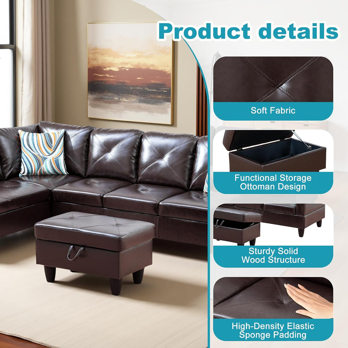 L Shaped Couch Faux Leather Sectional Couch Upholstered 3 Pieces Sofas for Living Room with Chaise, Storage Ottoman for Office and Small Apartment, Brown