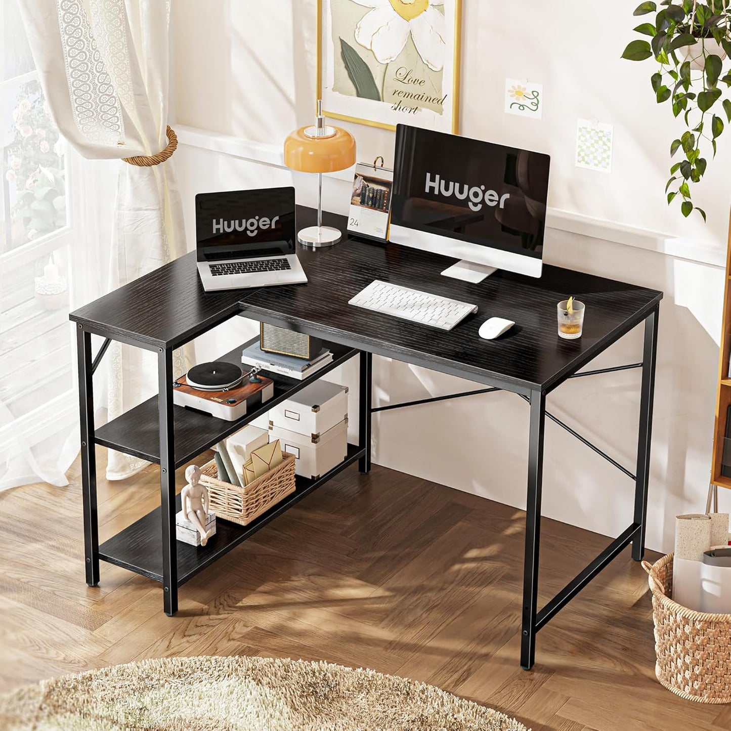 Huuger L Shaped Desk, 39 Inches Computer Desk with Reversible Storage Shelves, Gaming Desk, for Corner Home Office Writing Study, Metal Frame, Black