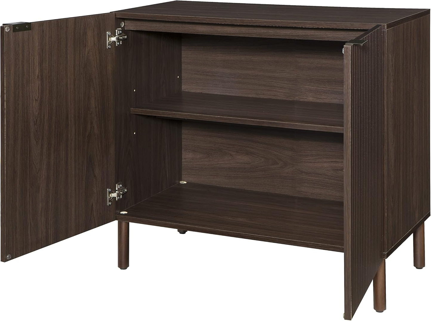 Sango Merk 2-Door Cabinet, Modern Walnut Storage Cabinet with Vertical Groove Doors, Adjustable Shelf, Cylindrical Wood Legs, Discreet Metal Finger Pulls, Stylish Furniture for Living or Dining Room