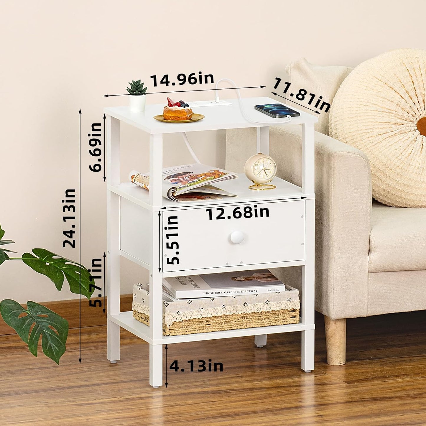 Lerliuo Nightstand with Charging Station and USB Ports, 3-Tier Storage End Table with Drawer Shelf, Night Stand for Small Spaces, Wood Bedside Table for Living Room, Bedroom - Elegant White