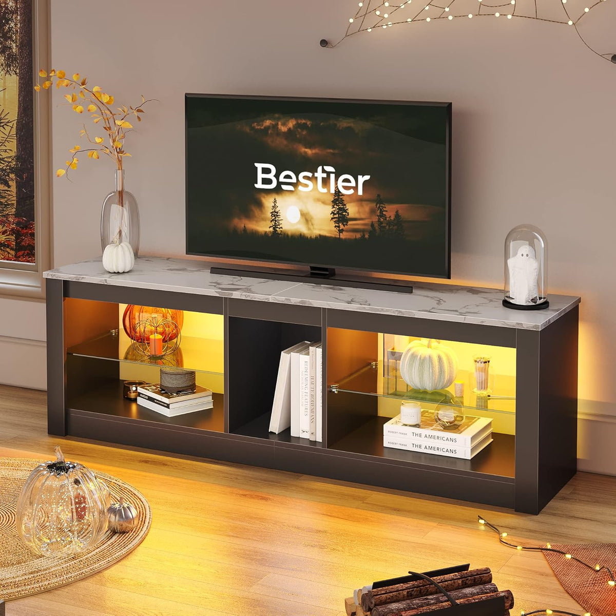 Bestier White Marble TV Stand LED Entertainment Center Gaming TV Stand for 55 Inch TV RGB Television Stand with 2 Adjustable Glass Shelves Xbox PS4 Game Console Cabinet for Living Room