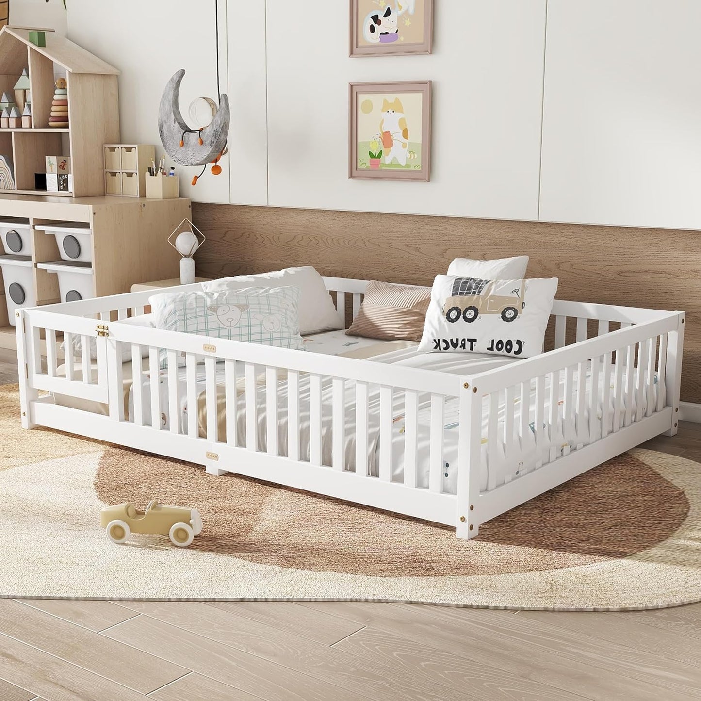 Queen Size Floor Bed Frame with Slats and Safety Guardrail, Wood Queen Size Montessori Floor Bed with Door and Fence, Easy Assemble Montessori Beds for Kids, Girls, Boys, White