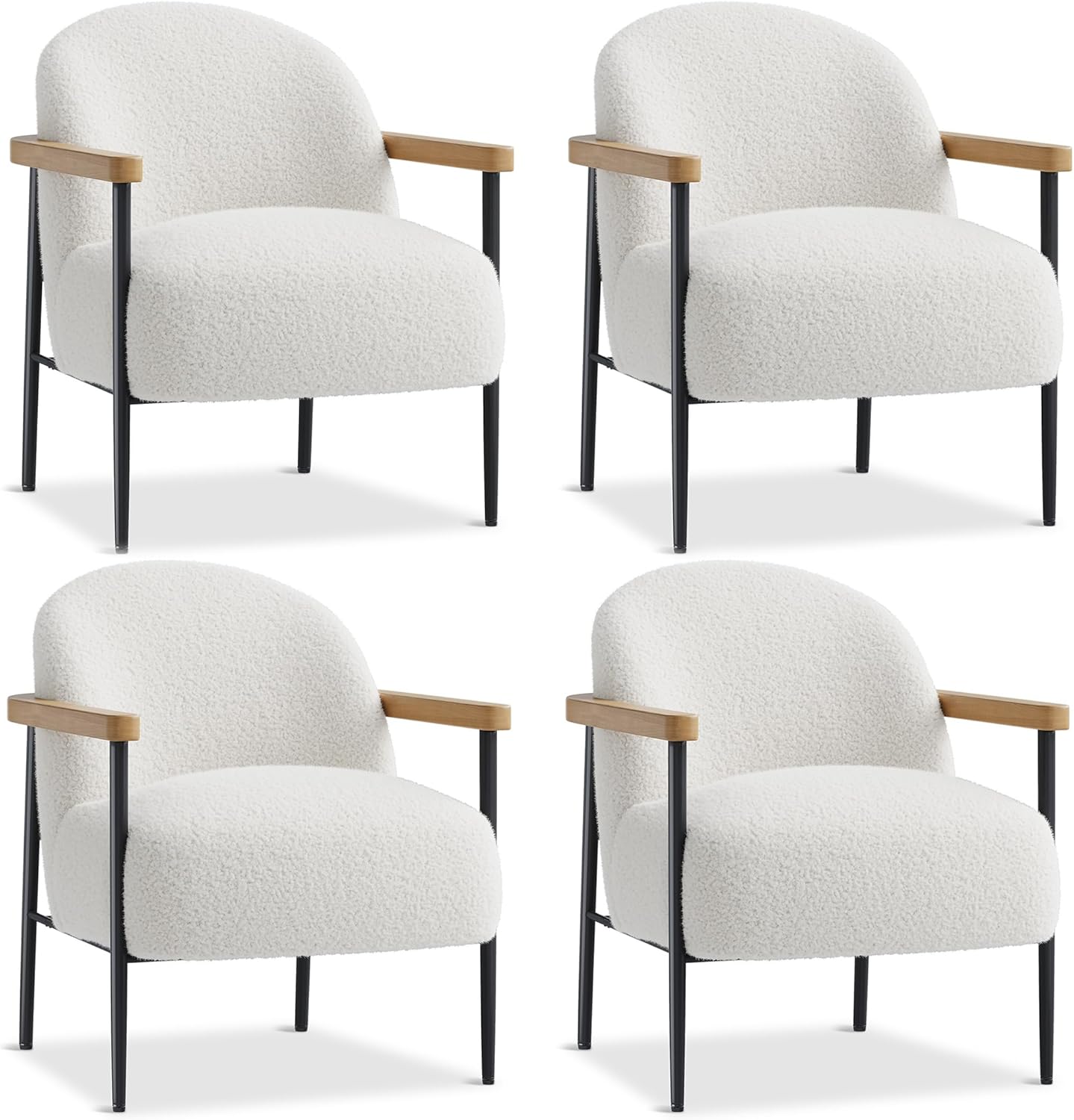 Garvee Modern Accent Chair Set of 4, White Comfy Chair with Teddy Fabric, Wood Arms, Metal Frame & Adjustable Feet, Mid Century Modern Chair for Living Room,Bedroom, Office, Set of 4
