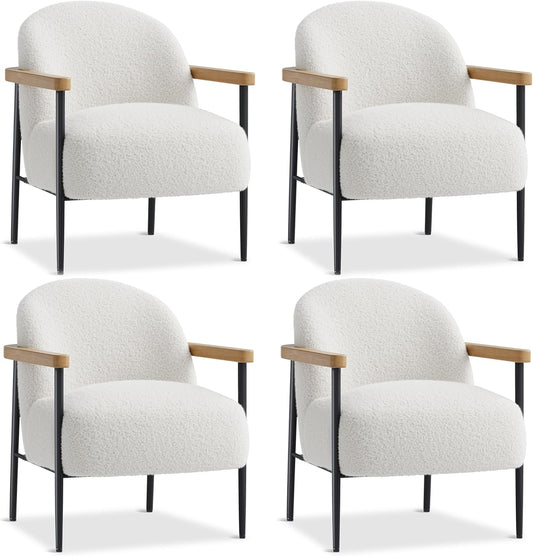 Garvee Modern Accent Chair Set of 4, White Comfy Chair with Teddy Fabric, Wood Arms, Metal Frame & Adjustable Feet, Mid Century Modern Chair for Living Room,Bedroom, Office, Set of 4