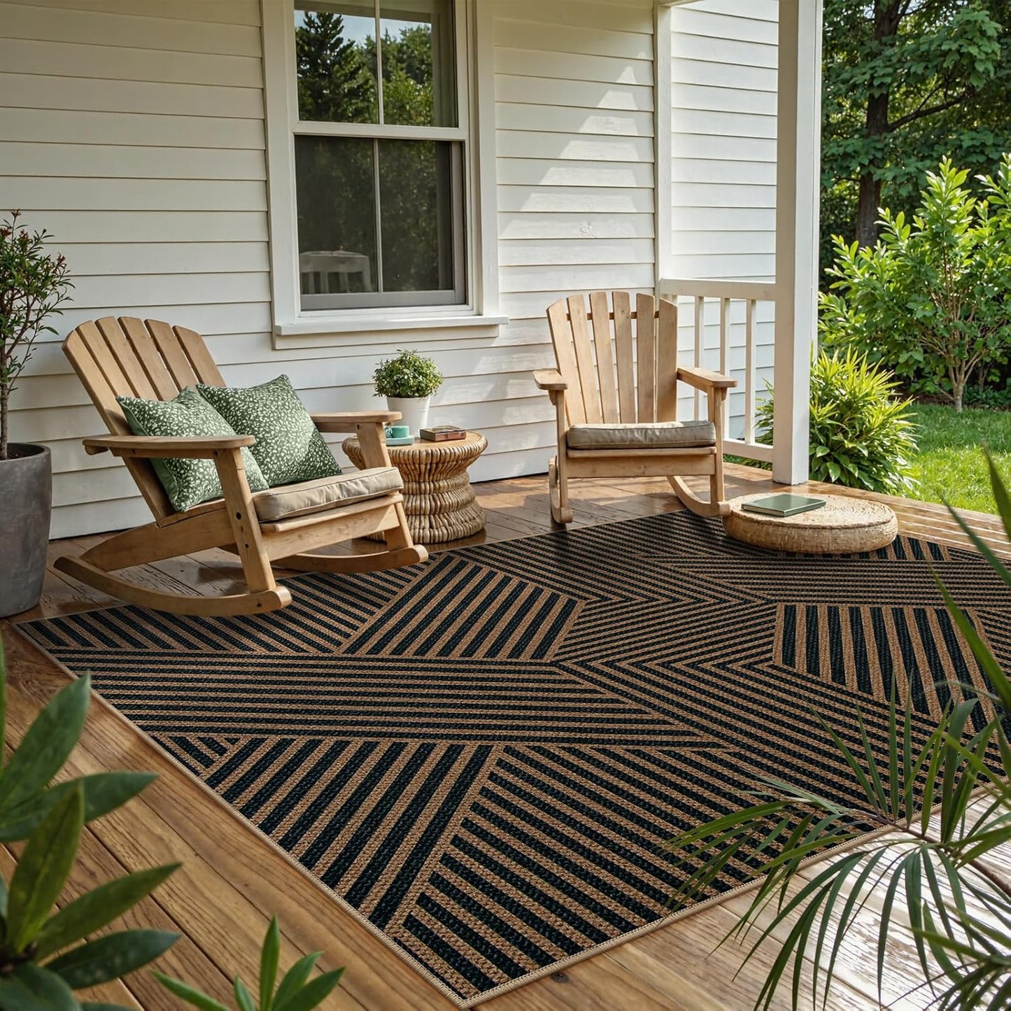 Lahome Modern Geometric Outdoor Easy Jute Rug, 5x7 Patio Living Room Rug Large Black Carpet for Bedroom, Farmhouse Washable Indoor Outdoor Carpet for Dining Room Backyard Deck