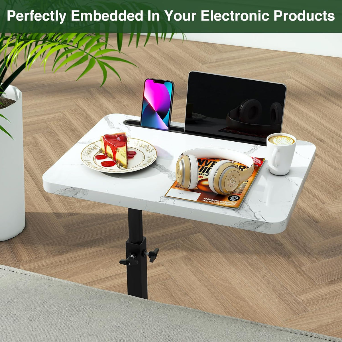 IBUYKE Tray Table for Couch, 360° Swivel Height Adjustable End Table for Small Spaces, with Phone & Tablet Slot, Modern Small Coffee Snack Table for Sofa/Bed, White with Black UTVT003BW