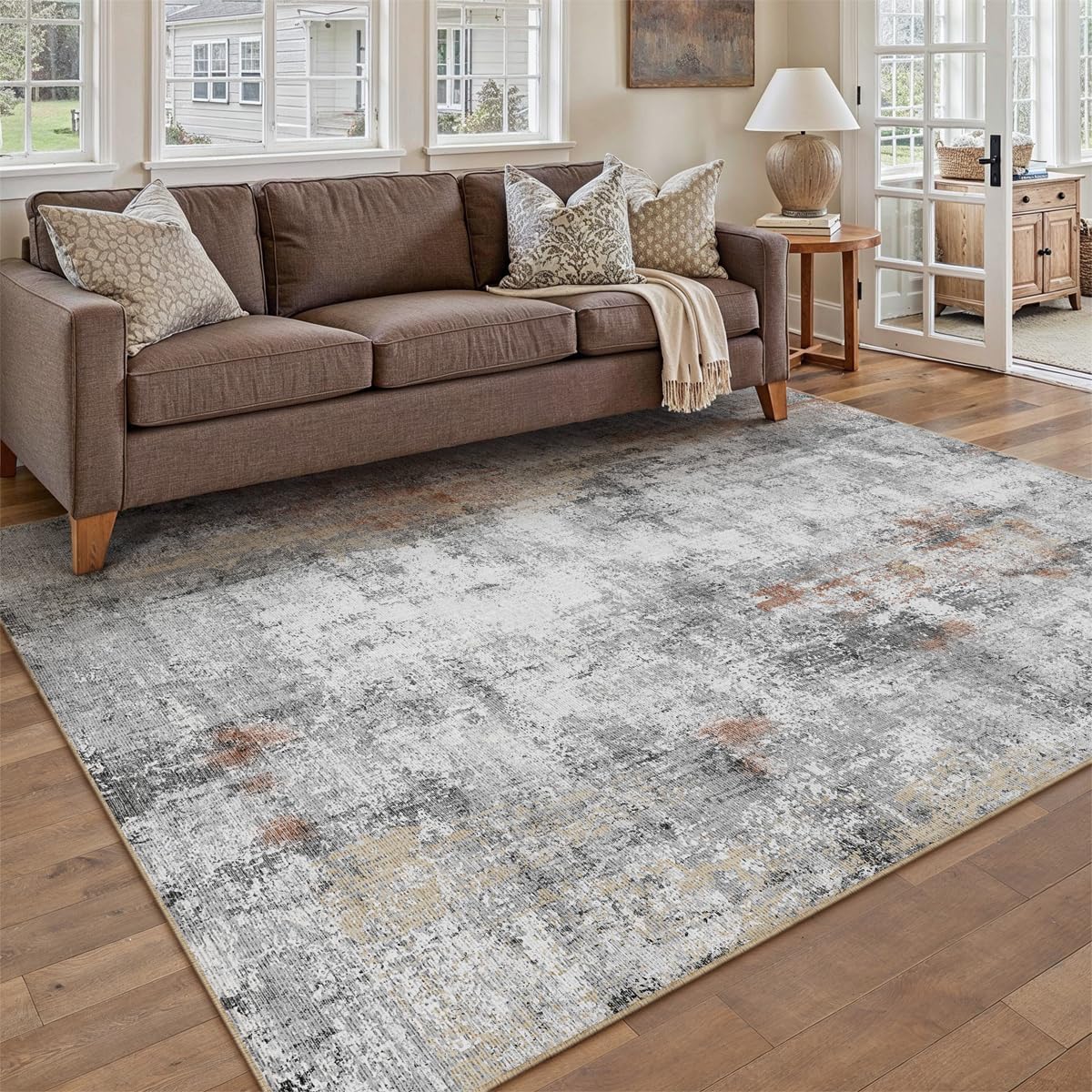 5x7 Washable Area Rug Grey Rust Modern Neutral Abstract Living Room Bedroom Indoor Floor Carpet Low Pile Soft Non-Slip Lightweight Vacuumable Throw Rug for Kitchen Dining Room