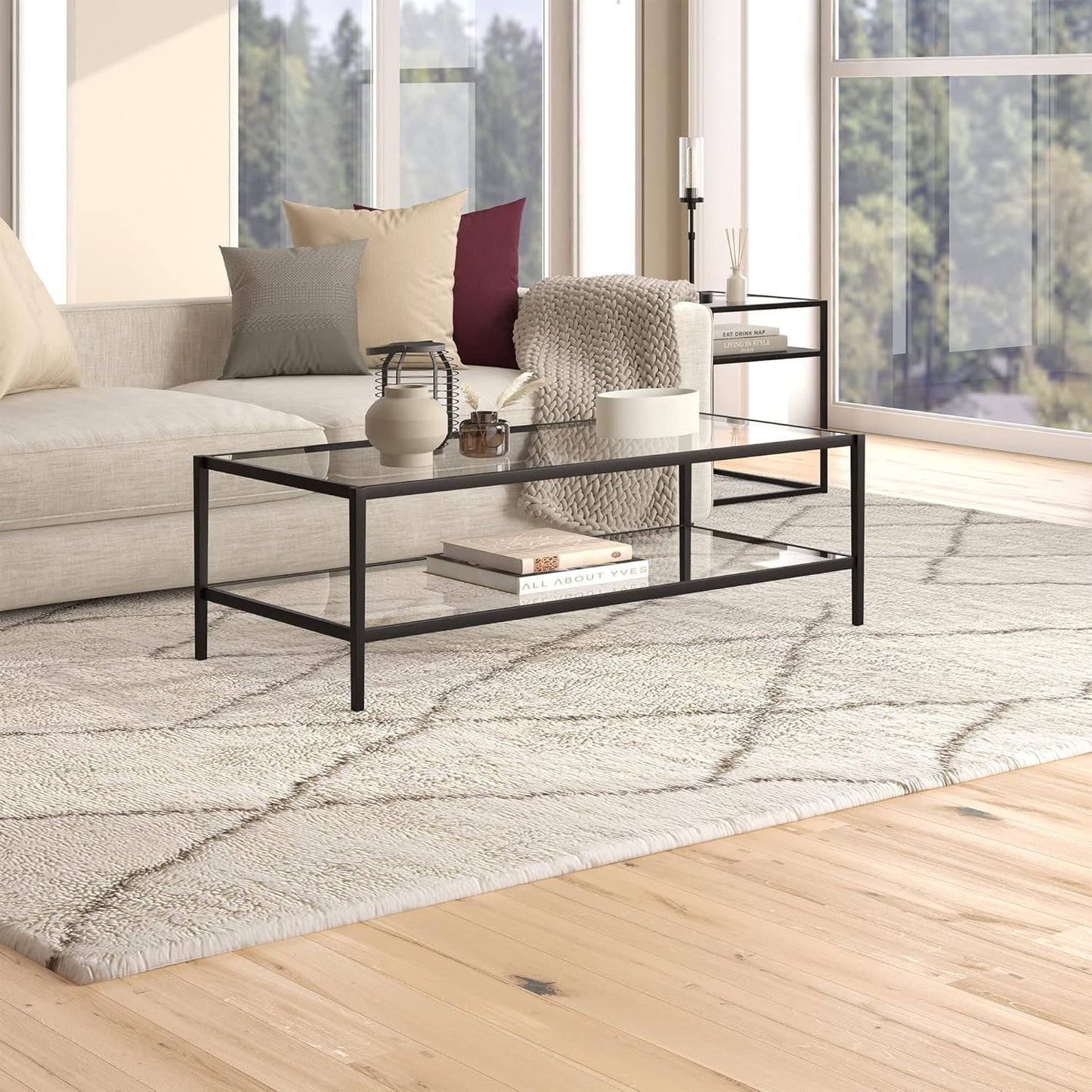 Henn&Hart 54" Wide Rectangular Coffee Table with Glass Shelf in Blackened Bronze, Modern coffee tables for living room, studio apartment essentials