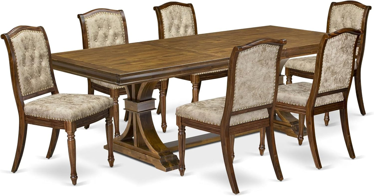 LEMA7-AWA-36 7 Pieces Dining Room Set Consists of a Rectangular Modern Dining Table and 6 Light Beige Polyester Fabric Kitchen Chairs, Antique Walnut Finish