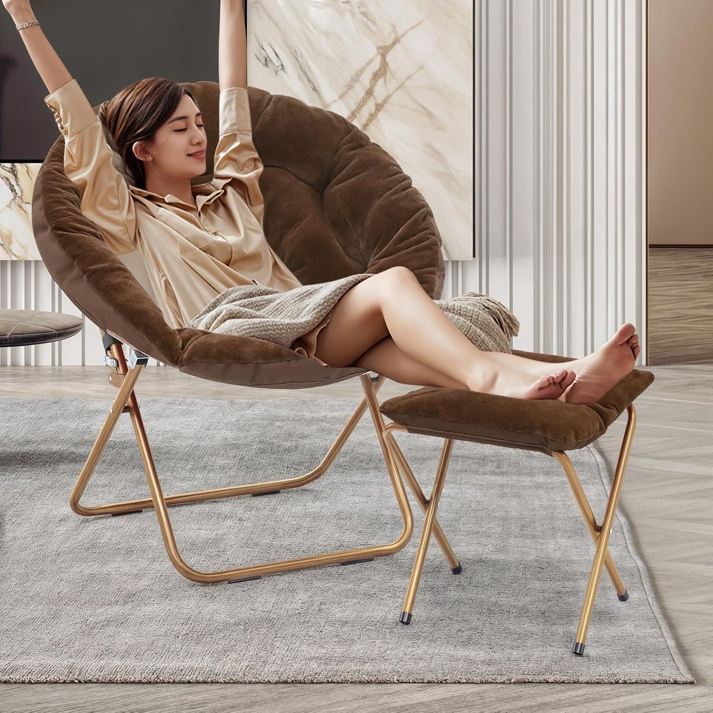 MoNiBloom Round Folding Faux Fur Saucer Chair for Bedroom Living Room Dorm Foldable Metal Frame Oversized Large Comfy Furry Padded Soft Cozy Moon Chair with Footrest Ottoman for Adults (Brown)