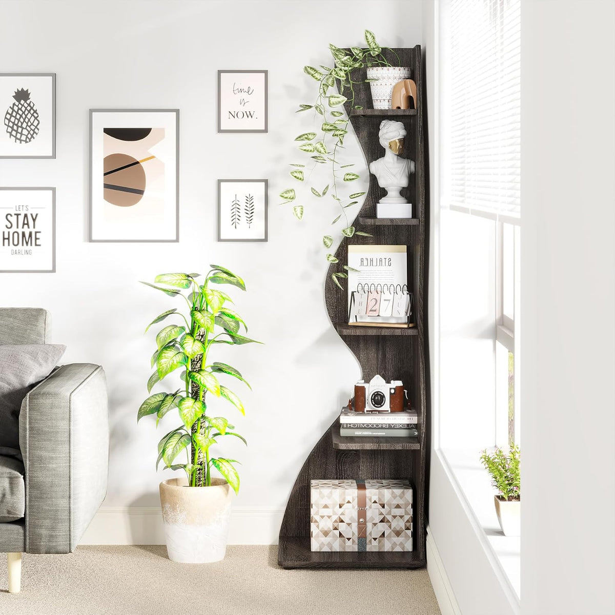 Tribesigns Corner Shelf, Modern 5-Tier Wall Corner Bookshelf, Stylish Corner Small Bookcase Storage Rack Plant Stand with Unique Shape for Living Room, Home Office, (1PC, Gray)