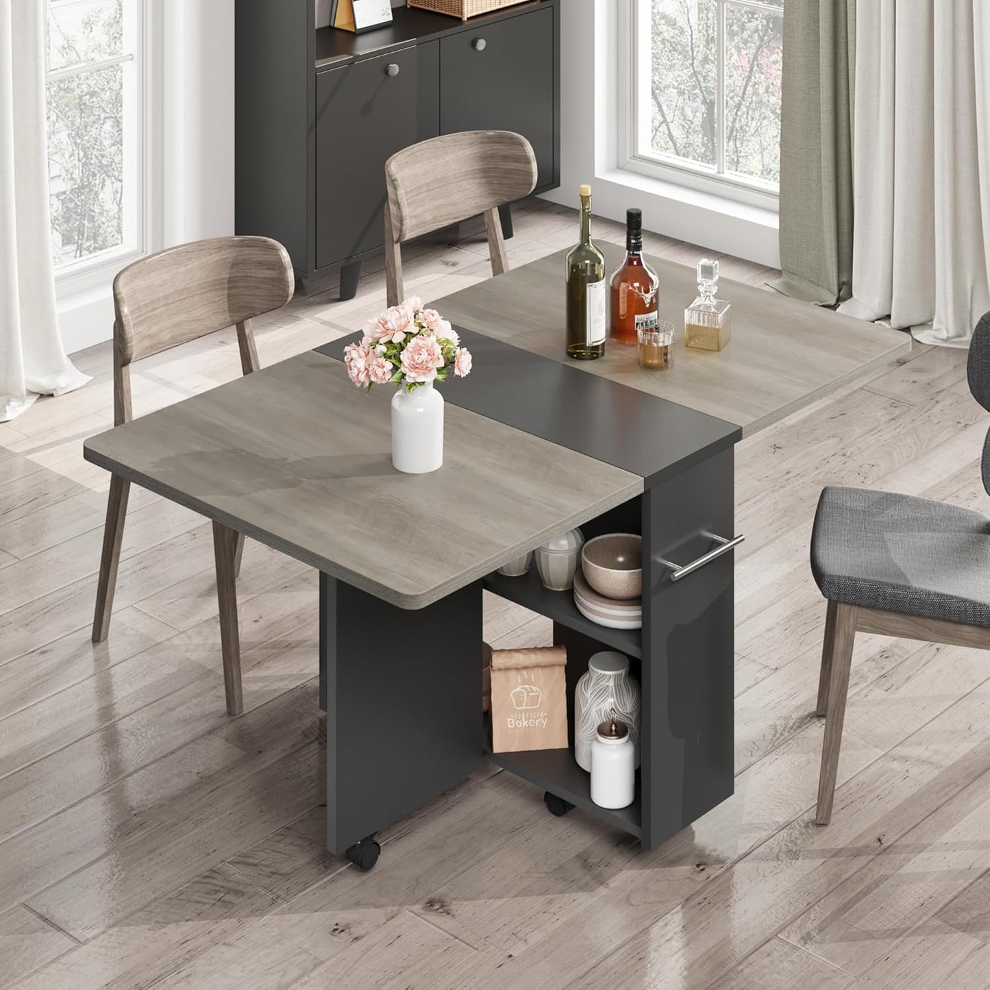 Space Saving Folding Dining Table with 2 Tier Storage-Extendable Drop Leaf Farmhouse Kitchen Dining Room Tables Set for 4, Collapsible Expandable Rectangle (Carlo Grey, 47.2"D x 23.6"W x 29.5"H)