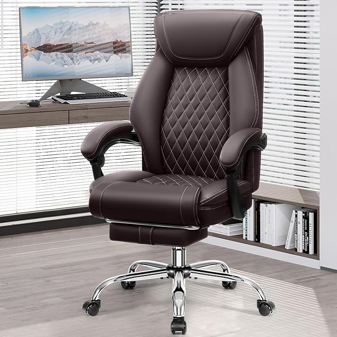 Office Chair, Executive Leather Chair Adjustable High Back, Ergonomic Computer Desk Chair Lumbar Support, Big and Tall Office Chair with Footrest, Comfy Reclining Chair for Home Office
