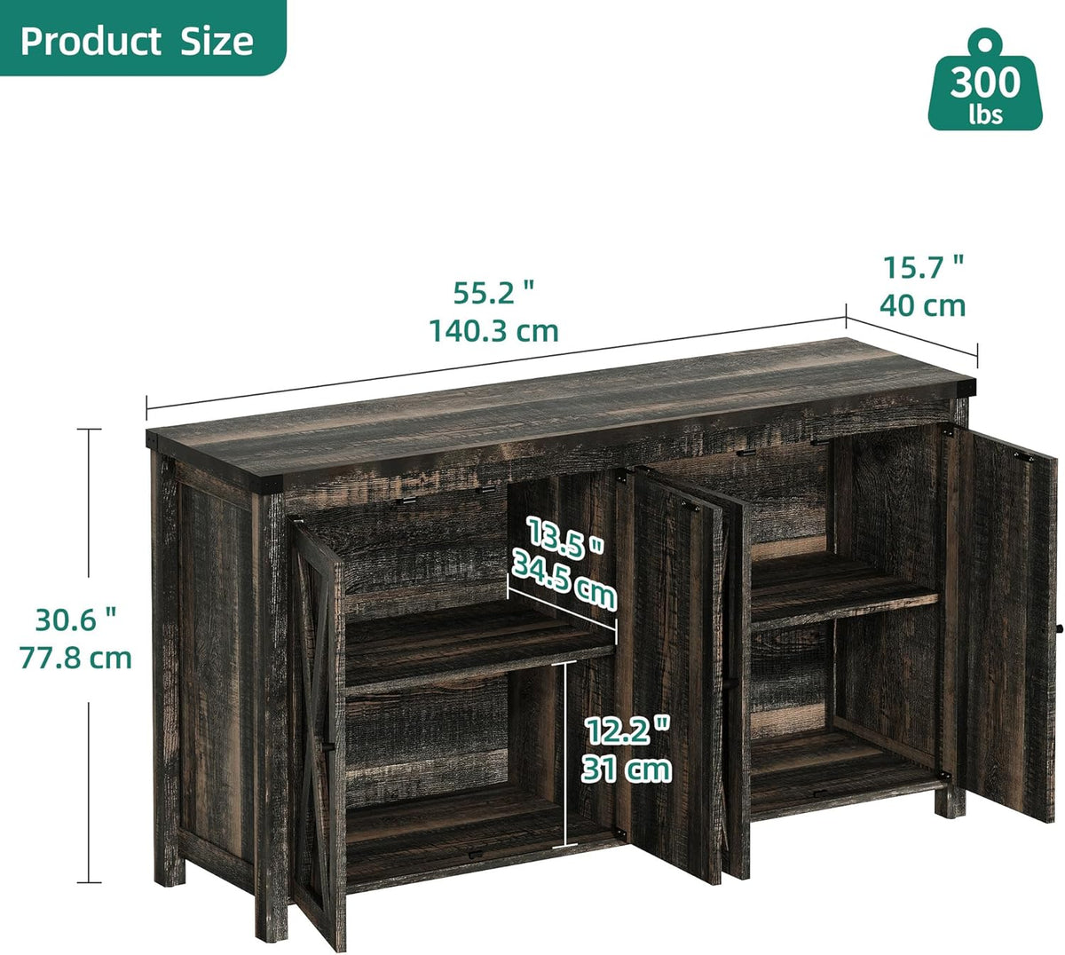 YITAHOME Farmhouse Sideboard Buffet Cabinet with Storage with 4 Doors, 55'' Large Kitchen Storage Cabinet, Wood Coffee Bar Cabinet with Adjustable Shelf for Kitchen, Living Room, Dark Oak