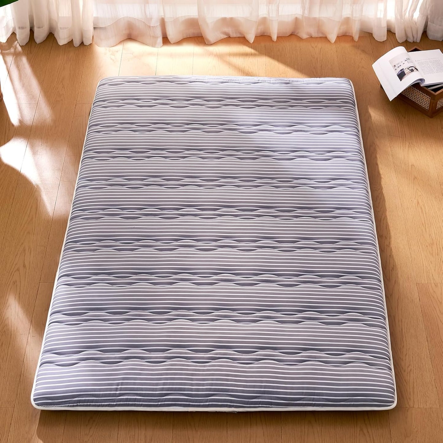 Japanese Floor Mattress, Futon Mattress Foldable, 100% High-Density Premium Foam, Thicken Tatami Mat Portable Dormitory Sleeping Pad, Small Single Size 75" X 25", Grey Stripes