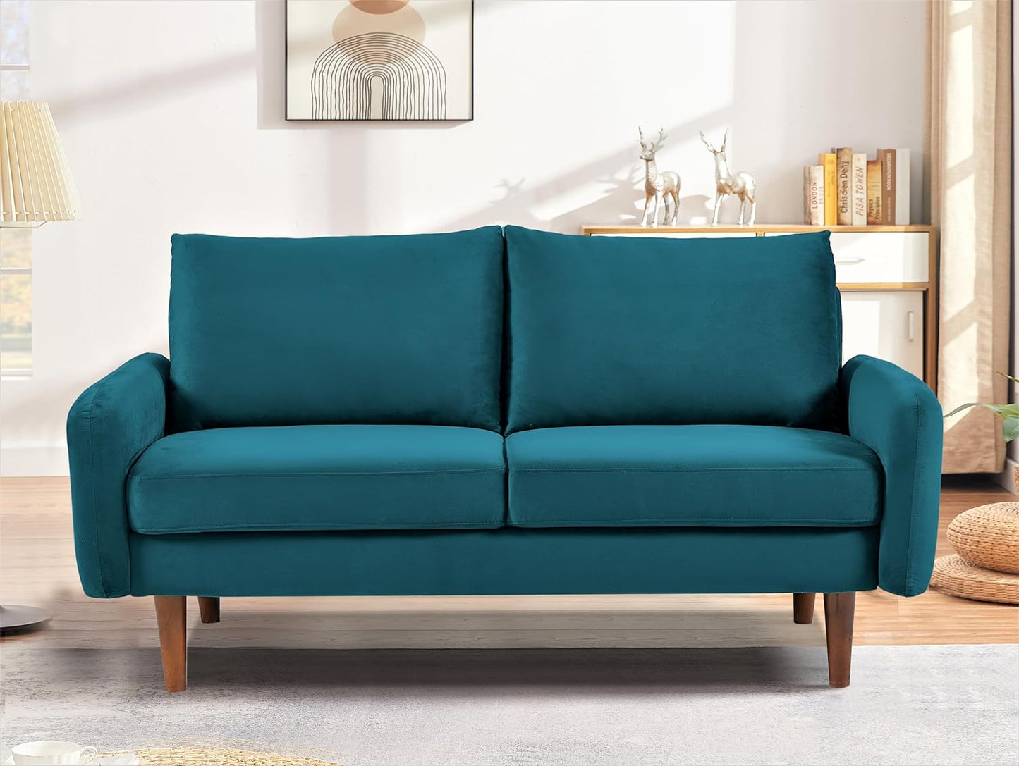 Container Furniture Direct Kent Velvet Loveseat Sofa for Modern Living Rooms and Compact Spaces, Comfy 2 Seater Couch Studio Apartment Furniture with Sleek Design, Greenish Blue