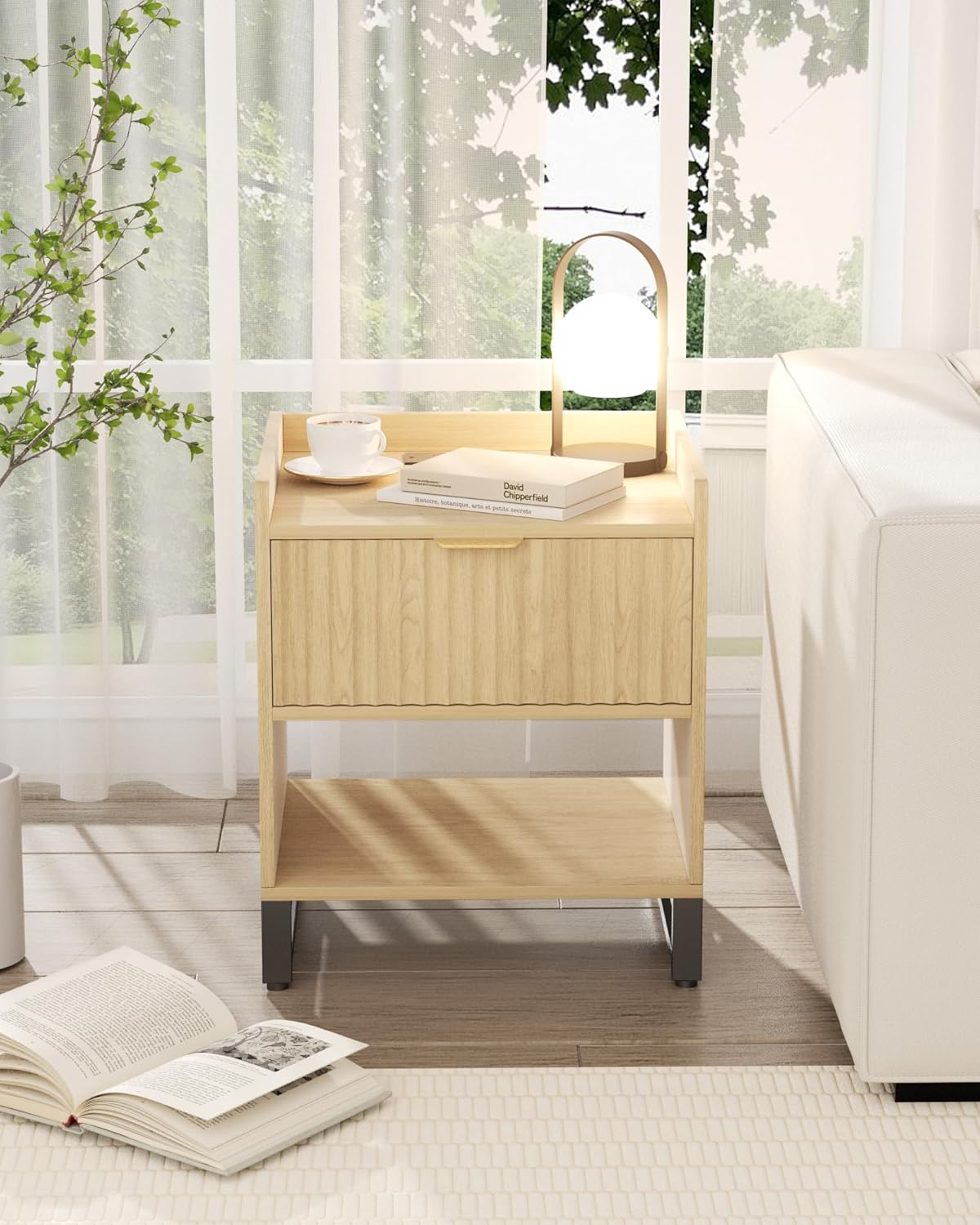 Fluted Night Stand with Charging Station, Wood Nightstand with Large Drawer and Open Storage Cabinet, Mid-Century Modern Bedside Table End Table for Bedroom Closet Office