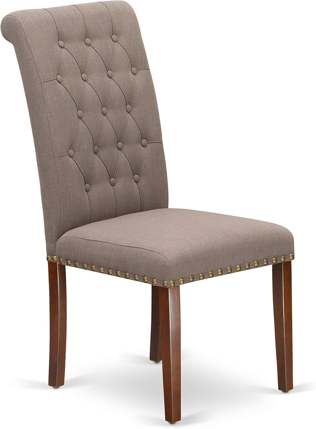 East West Furniture BRP3T18 Bremond Parson Kitchen Chairs - Button Tufted Nailhead Trim Brown Linen Linen Fabric Padded Dining Chairs, Set of 2, Mahogany