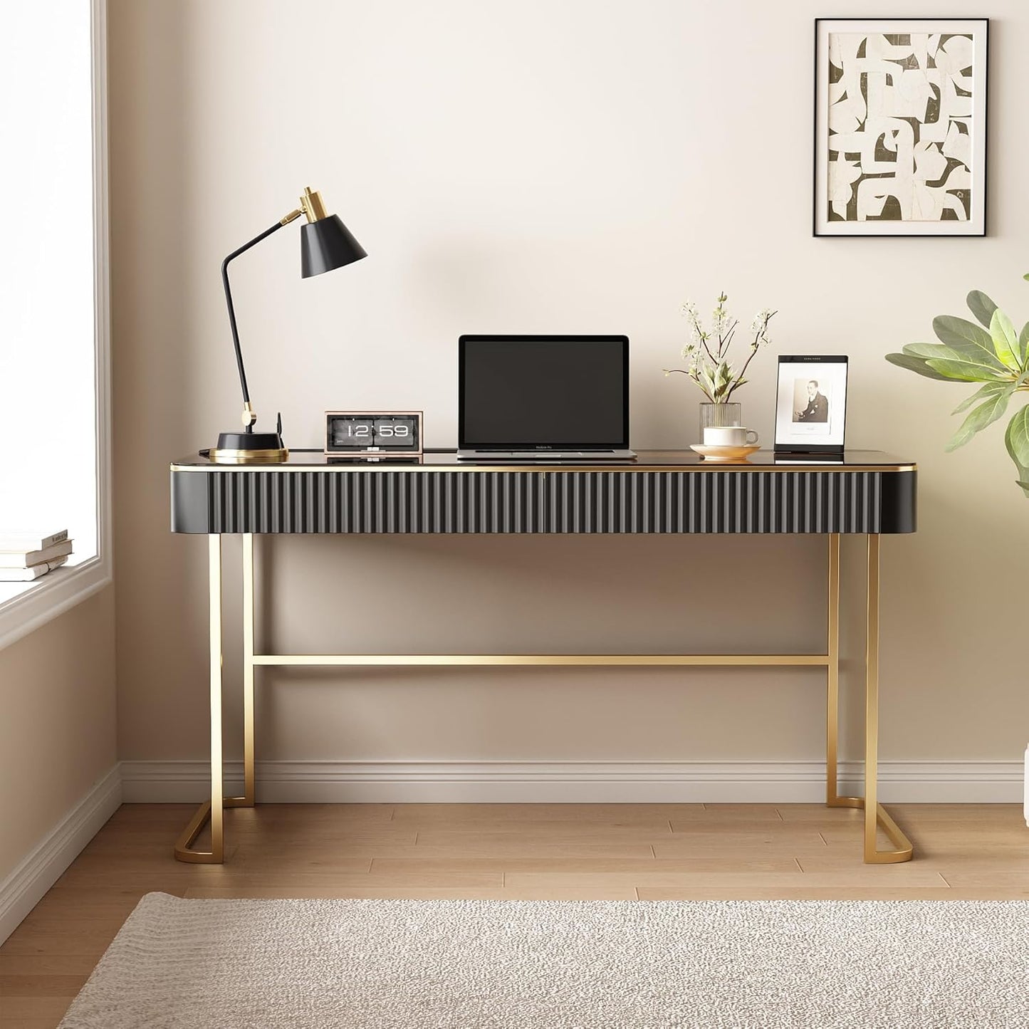Lartis Modern Office Desk with Drawers,Glass Top Makeup Vanity Without Mirror Built-in USB Outlet Dressing Table Home Office Desk with Intelligent Socket,Very Easy to Assemble