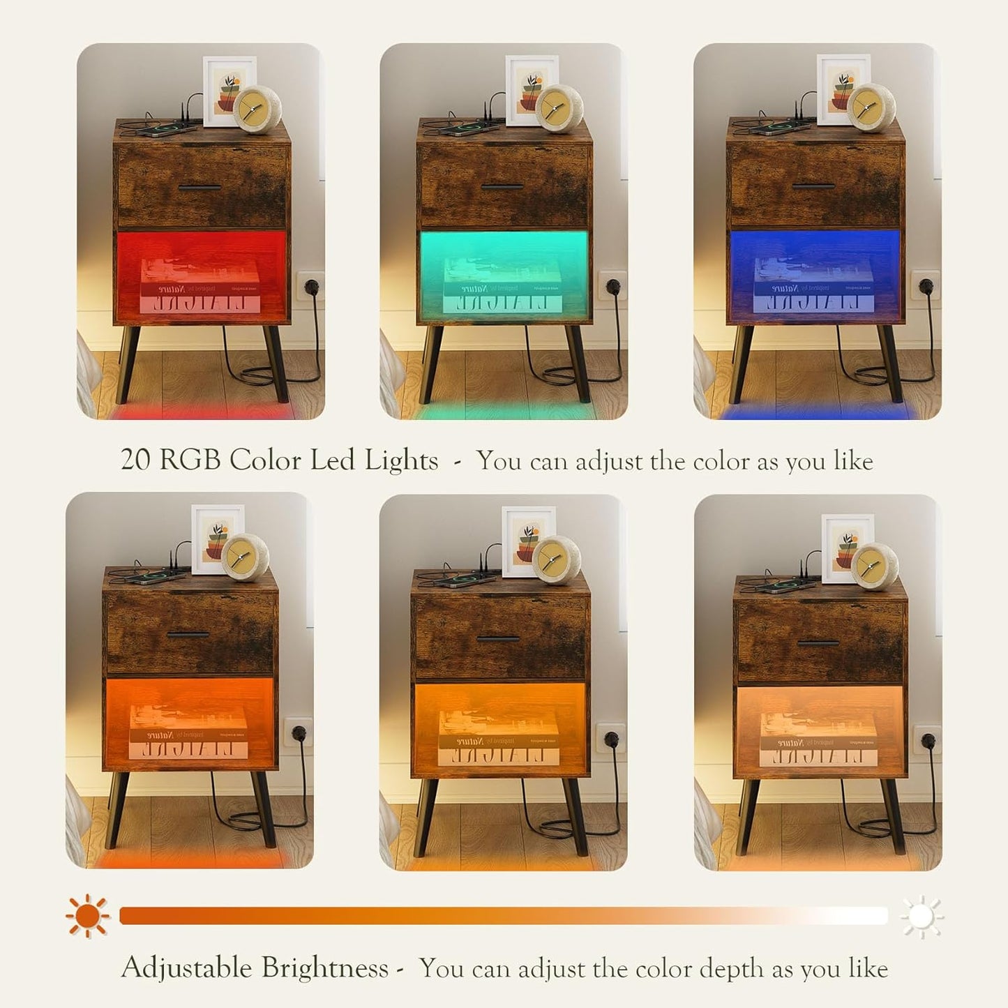Nightstand with Charging Station and LED Lights, Small Side Table, Bedside Table with Drawer, Modern Night Stand, End Table for Bedroom, Living Room (Rustic Brown)