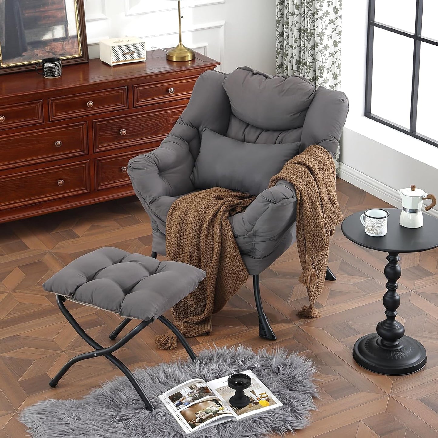 Lazy Chair with Ottoman, Modern Accent Chair with Lumbar Pillow, Comfy Chairs with Folding Footrest for Bedroom, Reading, Oversized Supportive Lounge Chairs(Dark Grey)