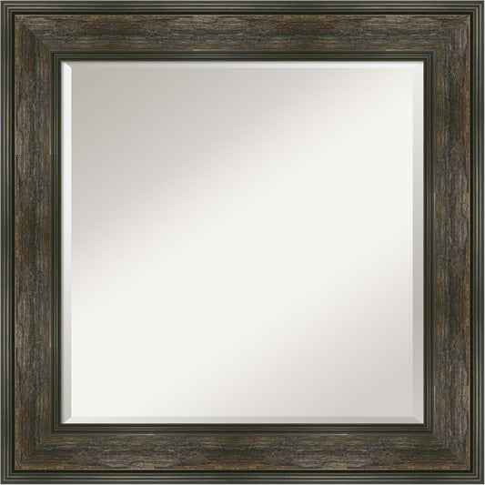 Amanti Art Brown Wall Mirror 26x26 Rail Rustic Char Square Bathroom Mirror for Wall Decor Living Room, Medium Country Rustic Frame, Hangs Horizonally and Vertically, Bathroom Decor, Beveled Edge