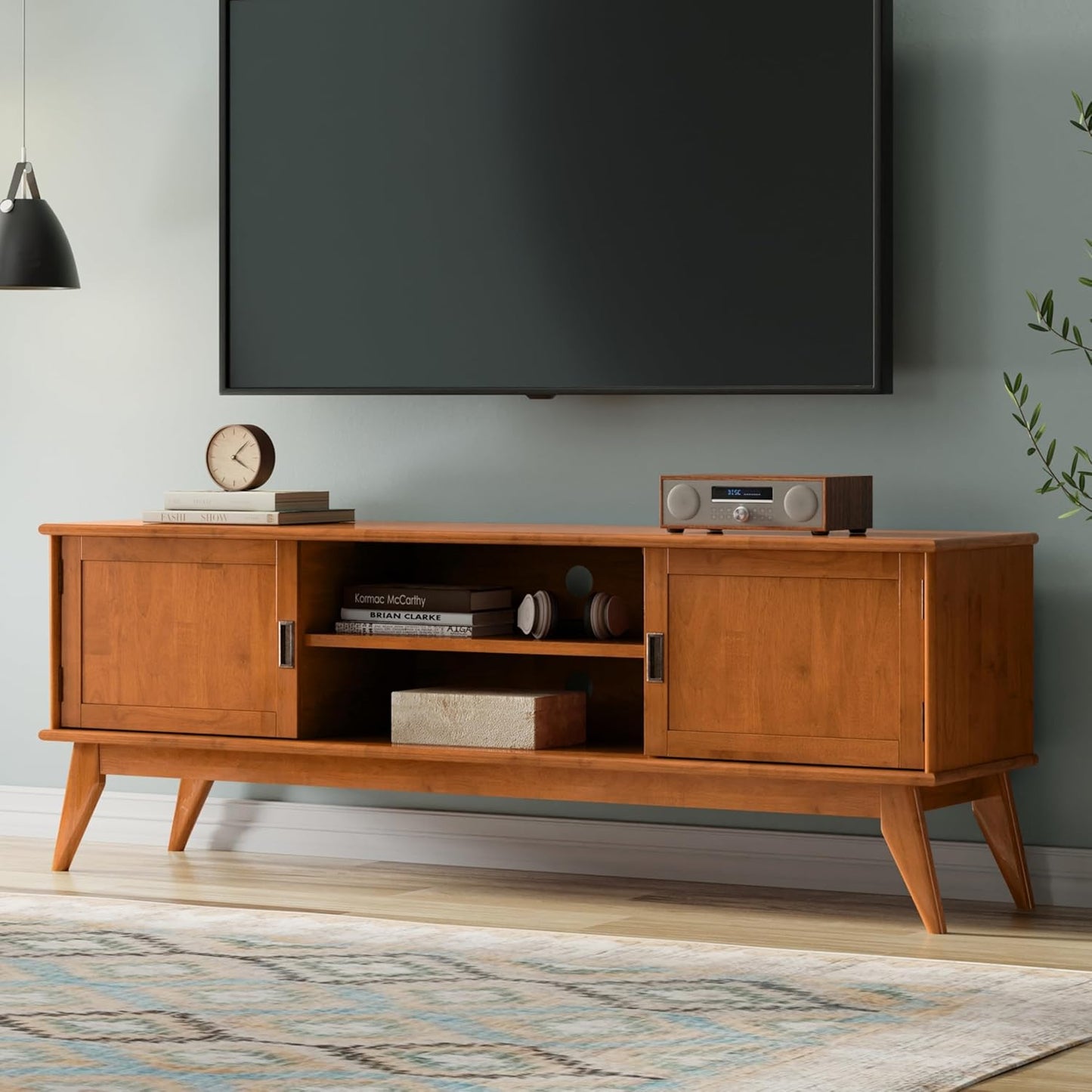 SIMPLIHOME Draper Solid Hardwood 72 inch Wide Mid Century Modern TV Media Stand in Teak Brown for TVs up to 80 inches for The Living Room and Entertainment Center