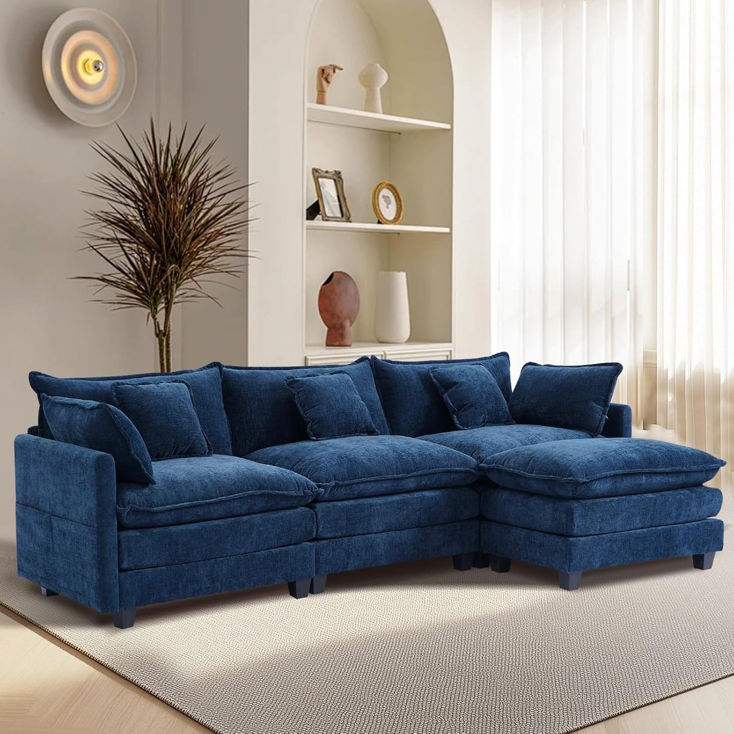 Furniliving 112‘’ L-Shaped Sofa, Luxury Chenille Modular Sectional Couches with Ottoman, Upholstered Deep Seat Sleeper Sofa with Memory Foam and Waist Pillows, Blue